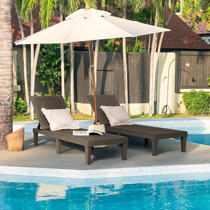 Greesum Outdoor Chaise Lounge Chairs Set of 4 with 5-Position Adjustable Backrest, Waterproof PP Sun Chaise Loungers for Garden Pool Beach Patio Deck Sunbathing, Brown