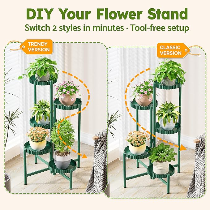 5 Tier Large Plant Stand Indoor, 7.9 Inch Wide Corner Tall Metal Plant Stands Outdoor for Multiple Plants, Folding Tiered Flower Display Holder Rack Shelf -GreenFloroma