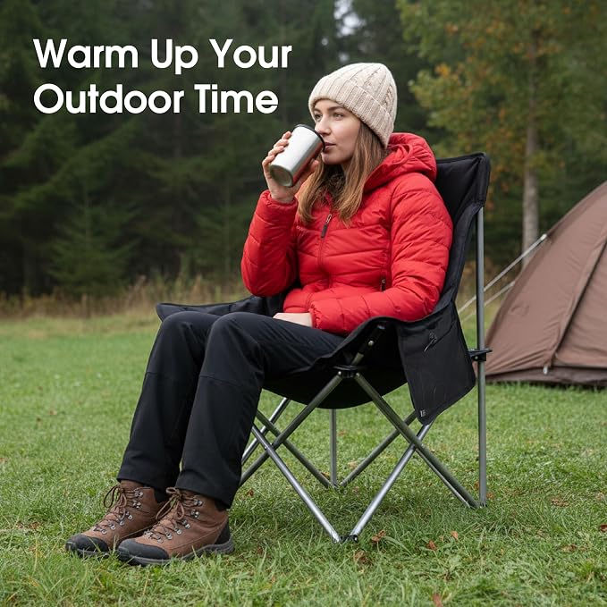 SunSettler Heated Camping Chair, Oversized Heated Outdoor Chairs for Adults with 3 Heat Levels, Portable Folding Padded Chair for Camp, Lawn, Sports (Battery NOT Included) (Black, Small)