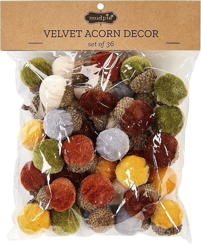 Mud Pie Fall Mini Velvet Vase Filler Assorted Set of 36 Acorns, Multi, 1.75" x 1"