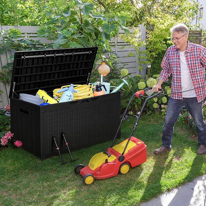 Greesum 100 Gallon Deck Box with Cushion and 31 Gallon Deck Box for Patio Furniture, Garden Tools, Pool Supplies Storage