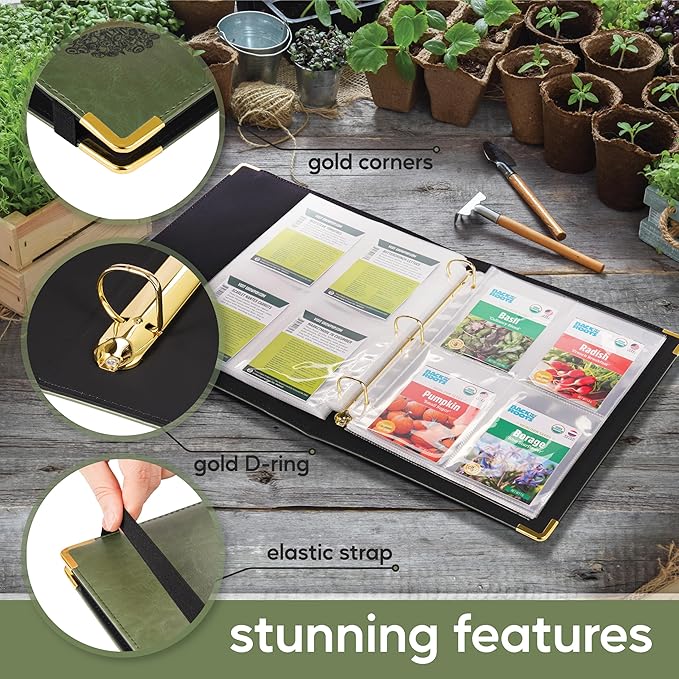 Create-ables Willow and Wildflower Garden Seed Organizer Binder, Seed Storage Organizer, Garden Binder Book for Packet Storage Catalog Can Store 120 Packets with Dibber and Widger (Moss Green)