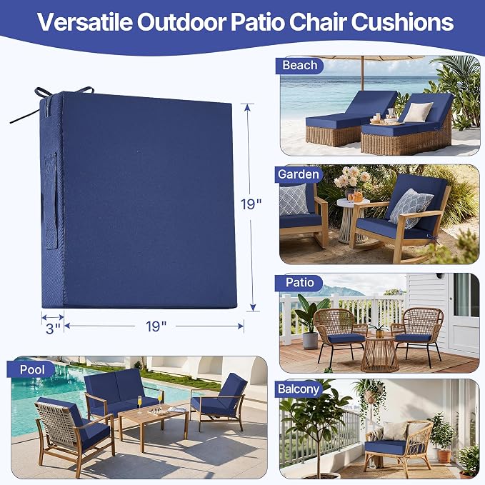 Waterproof Patio Chair Cushions Set of 4, 19 x 19 x 3 Inch Outdoor Seat Cushions for Patio Furniture with Handle and Ties, 3 Year Color Fastness Square Garden Sofa Couch Pads, Dark Blue