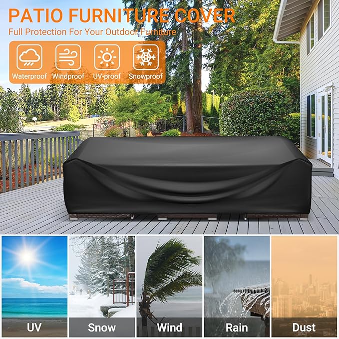 WLEAFJ Patio Furniture Covers Rectangle, Outdoor Table Covers Waterproof, Heavy Duty Outdoor Furniture Cover, Patio Sectional Set Cover 128"L x 84"W x 28"H, Black