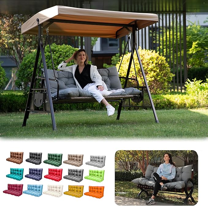 Porch Swing Cushions, Outdoor Swing Replacement Cushions 3 Seater with Backrest, Waterproof Bench Cushion with Ties,for Patio,Porch, Garden,Backyard