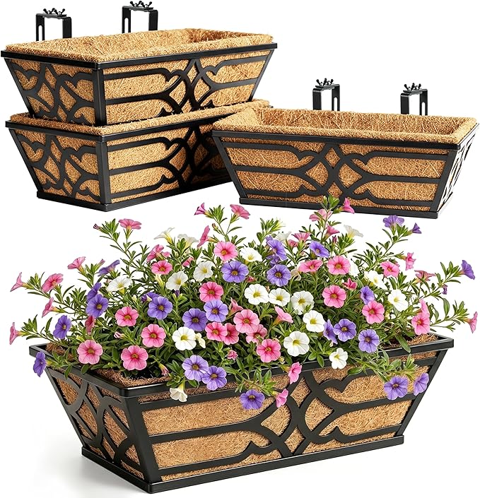 4 Pack 16 Inch Window Boxes Planters with Coco Liner, Metal Railing Planter Boxes for Outdoor Plants, Hanging Flower Basket for Garden Fence and Porch Rail Decoration