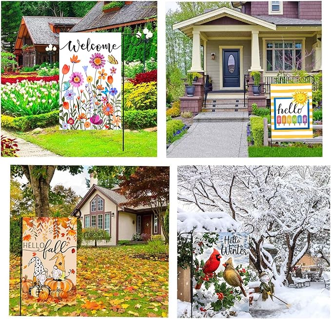 Seasonal Garden Flag Set of 12 Double Sided 12x18 Inch, Holiday Mothers Day 4th of July Garden Flag for Outside, Small Yard Flags for the Entire Year, with Free Anti-Wind Clip and Stopper