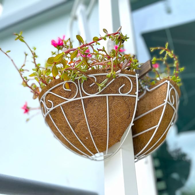 LaLaGreen Bundle- 2 Pack, 16 Inch Metal Basket with Coco Liner + 2 Pack, 16 Inch Half Round Coco Liner Replacement Wall Mount Window Hanging Fence Railings Deck Balcony Flower Pot Outdoor Modern Decor