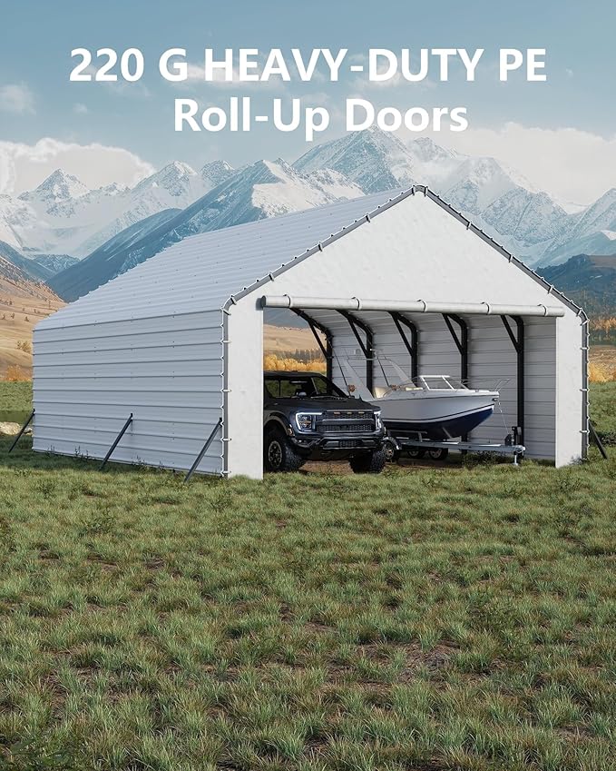 Carport Enclosure Kit for 20x26 20x21 20x16 Metal Carports, 2-Pack Heavy-Duty 220gsm PE Roll-Up Zipper Door Panels, Front & Back Cover with Ball Bungees,White