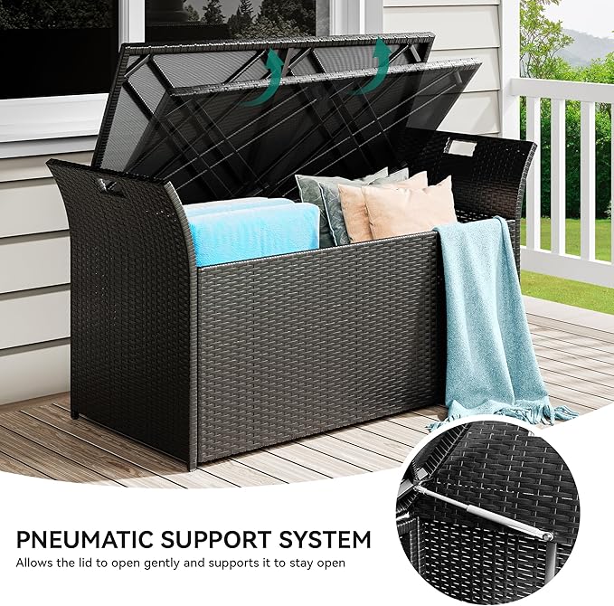 YITAHOME 90 Gallon Outdoor Wicker Storage Bench w/Cushion, Large PE Rattan Deck Storage Box w/Handles & Hydraulics for Patio Furniture, Cushions, Garden Tools, Pool & Sports Equipment, Black &Grey