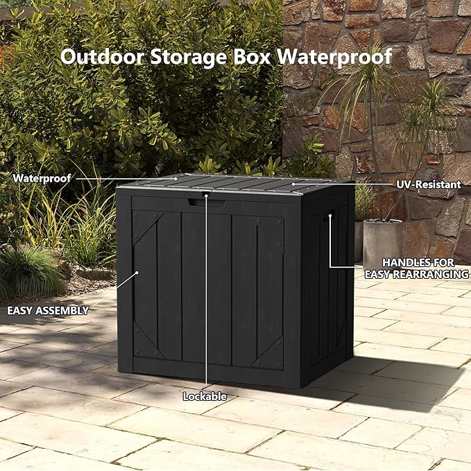 Outdoor Storage Deck Box Waterproof,30 Gallon Lockable Patio Package Delivery Bin as Seat, Resin Storage Container Bench for Furniture Cushions, Pool Accessories, Garden Tools, Black