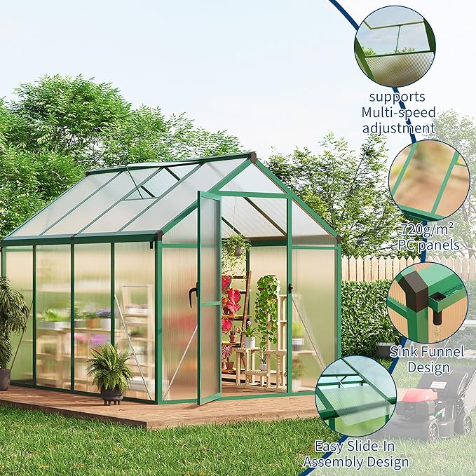 6×8 FT Greenhouse, Large Walk in Greenhouses for Outdoors and Garden Planting, Polycarbonate Greenhouse with Enhanced Aluminum Frame, Green Houses with Quick Setup Structure and Roof Vent, Green