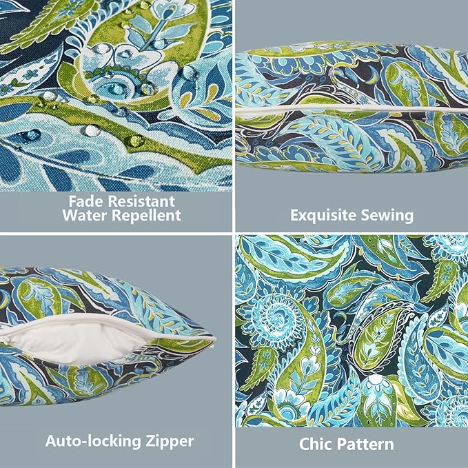 LVTXIII 2 Pack Outdoor Lumbar Pillow Covers 12x20 Inch with Piping, Water-Repellent Back Cushion Covers ONLY for Patio Furniture, Sofa, Garden Bench, Paisley Lapis Green
