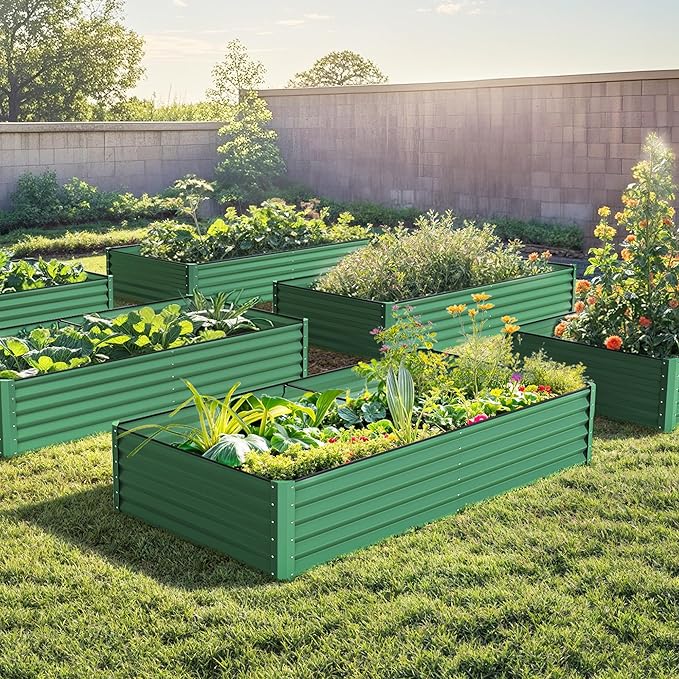 DWVO 2pcs 8 x 4 x 1.5 FT Raised Garden Bed Kit, Outdoor Galvanized Flower Bed with Safety Rubber and Gloves, Large Metal Planter Box for Vegetables, Flowers, Herbs, Fruits, Green