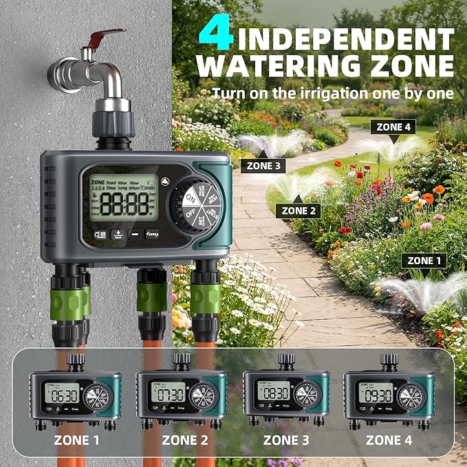 Sprinkler Timer for Outdoor Hose Faucet 4 Zone,Programmable Hose Timer with Rain Delay/Manual/Automatic Watering System,Water Timers for Garden Hose,Digital Drip Irrigation for Yard Lawn Outdoor