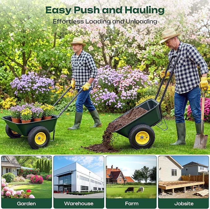 Autodaya 2 Wheel Wheelbarrow, Dual-Wheel Garden Dump Cart with 10" Non-Slip Pneumatic Tires & Ergonomic Padded Handle, Heavy-Duty Home Utility Yard Cart Wagon for Lawn, Farm, Porch, Gardening, Green