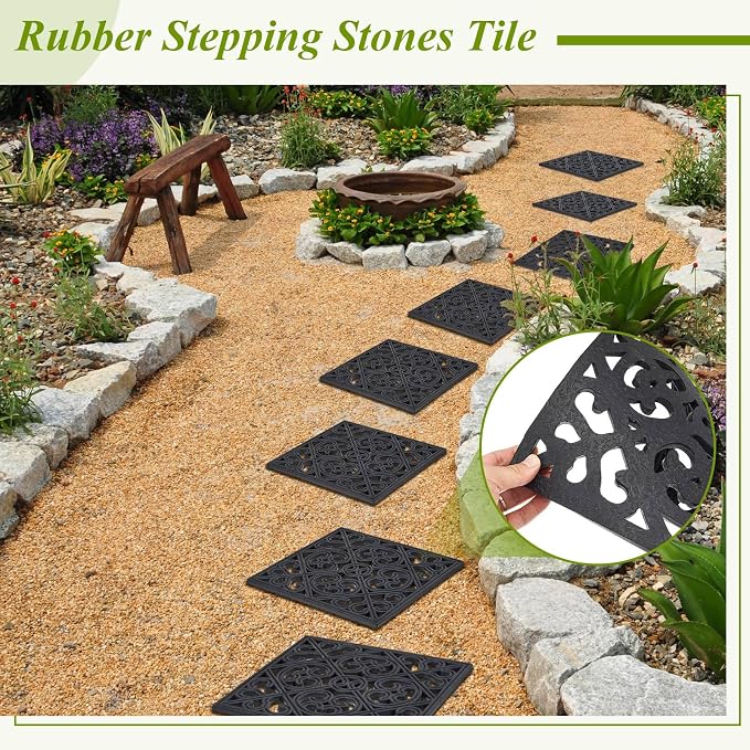 Pangda 8 Pcs Rubber Stepping Stones Outdoor Garden Walkway, 12 x 12 Inch Heavy Duty Pathway Pavers Retro Decorative Stepping Stones for Outside Landscaping Yard Lawn Path (Cross Square,Black)