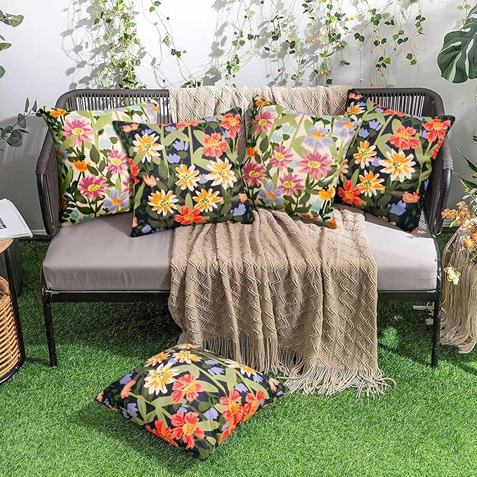 Pyonic Outdoor Pillows Covers Pack of 2 Spring Floral Waterproof Throw Pillow Covers 16X16 inch Outdoor Pillows for Patio Furniture Garden Square Outside Waterproof Pillow,Black