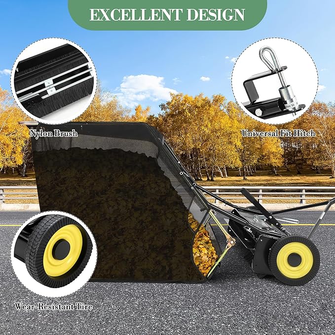 44-Inch Tow-Behind Lawn Sweeper, 12 Cu.ft Large Capacity Leaf & Grass Collector with Universal Hitch, Adjustable Sweeping Height & Easy Dump Rope, Heavy-Duty Yard Sweeper for Tractor ATV UTV