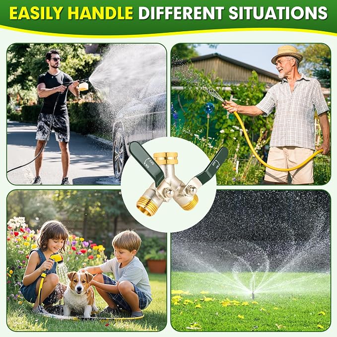 Hose Splitter 2 Way, Brass High Flow Garden Hose Splitter Heavy Duty, Hose Connector, Water Spigot Splitter, Full Flow Faucet Splitters with shutoff, 3/4” GHT Inlet