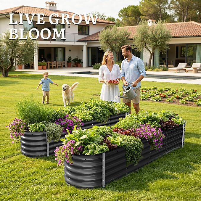 YITAHOME 8x2x1.5ft Raised Garden Bed Kit, 17" Tall 9 in 1 Large Galvanized Metal Planter Box with Gloves & Safety Rubber, Outdoor Flower Bed for Plants Vegetables Flowers, Black