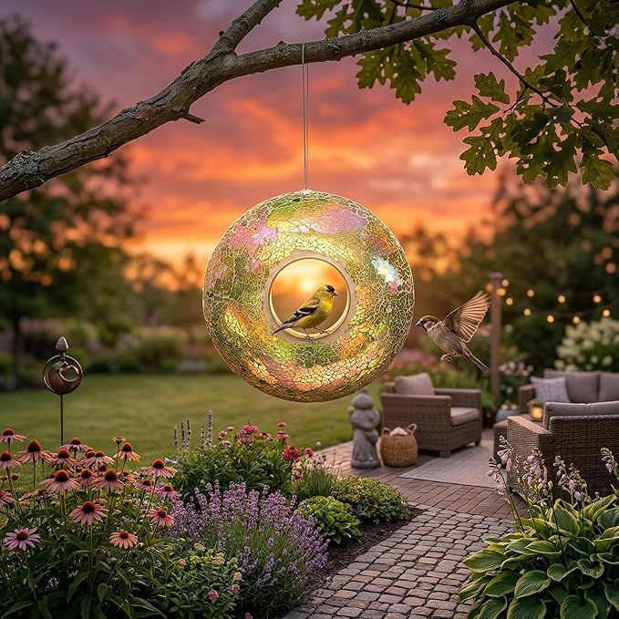 Topadorn Wild Bird Feeder Fly Through Garden Hanging Bird Feeder Mosaic Circle Squirrel Proof for Outdoor Decoration, Green
