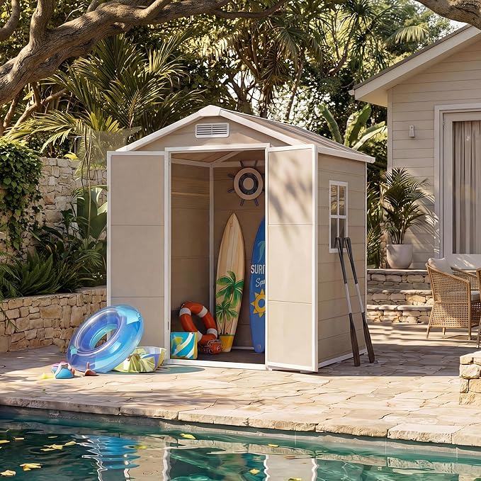 Resin Outdoor Storage Sheds 4x6 ft, Upgraded Double-Wall Outdoor Plastic Shed with Window & Double Doors, Waterproof Lockable Garden Shed (Light Brown, 6 X 4 ft)