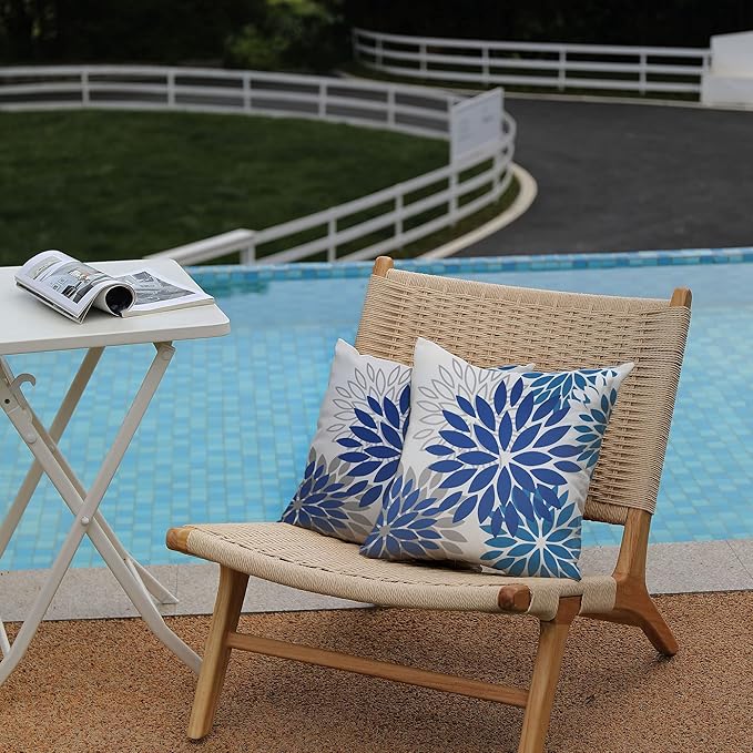 DFXSZ Blue Flower Pillow Covers 20x20 Inch Set of 2 Dark and Light Blue Colored Pillow Farmhouse Outdoor Waterproof Decor for Patio Funiture Garden Summer Floral Square Polyester Pillow Covers 002E20