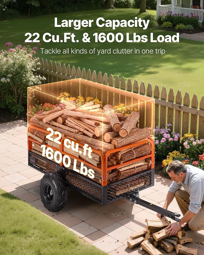 VEVOR 22 Cu.Ft 1600Lbs Steel ATV UTV Trailer Tow Behind Dump Cart, Heavy Duty Pull Behind Utility Dump Trailer for Lawn Mower Trailer Tractor Garden Yard with Removable Rear Panel