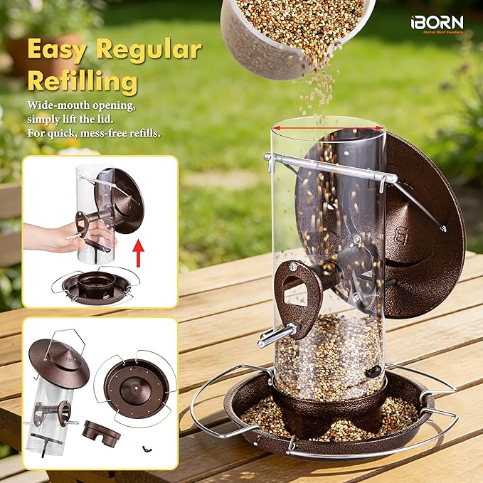 iBorn Bird Feeder Squirrel-Chew Proof Metal Hanging Birds Feeder Bird Feeders for Outdoors Hanging Outside for Cardinal, 3 Perches with 2 Feeding Ports, Brushed Coffee (Seed is not Included)