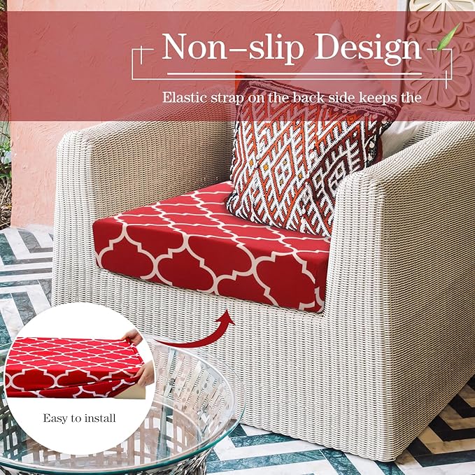 Newwiee 4 Pcs Waterproof Outdoor Cushion Covers for Patio Furniture Stretch Outdoor Couch Cushion Covers Replacement Moroccan Pattern Chair Seat Sofa Slipcovers Soft Flexibility Protector(Wine Red)