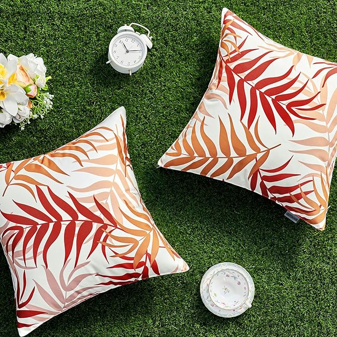 MIULEE Pack of 2 Decorative Outdoor Waterproof Throw Pillow Covers Patio Pillow Cases Natural Leaves Pattern Square Cushion Shams Shell for Garden Balcony Couch 18x18 Inch, Orange
