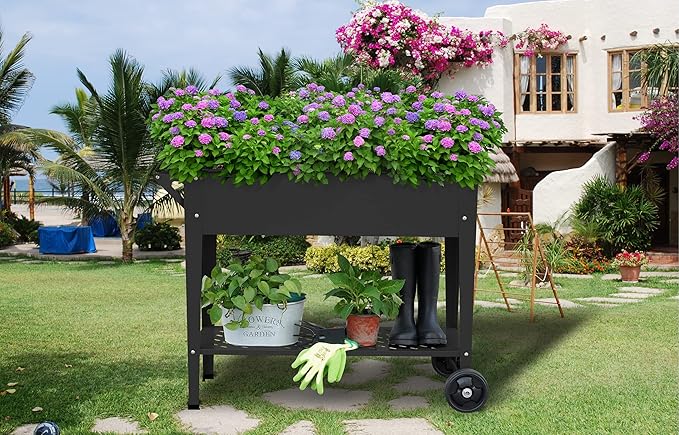 Raised Planter Box Outdoor with Legs Elevated Raised Garden Bed with Wheels Flower Boxes Outdoor Standing Planter for Vegetables Flowers Herbs Planting,Black