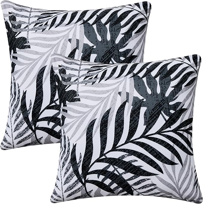 Allorry Outdoor Pillow Covers 18x18 Set of 2 Hawaii Tropics Palm Leaves Black Grey Floral Pattern Decoration Pillow Covers for Spring Summer Outdoor Waterproof Garden Patio Sofa Bed Decor JB010-C18