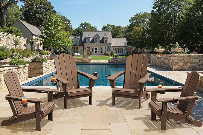 SERWALL Folding Adirondack Chair with Dual Cup Holder,1 Pack-Classic,Brown