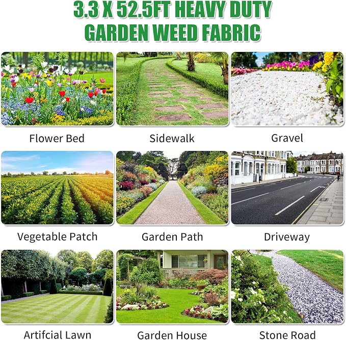 Weed Barrier Landscape Fabric Heavy Duty, Garden Weed Barrier Fabric 3.3 Ft X 52.5 Ft Geotextile Fabric Weed Block Gardening Mats Soil Erosion Control and UV Stabilized (2, Black)