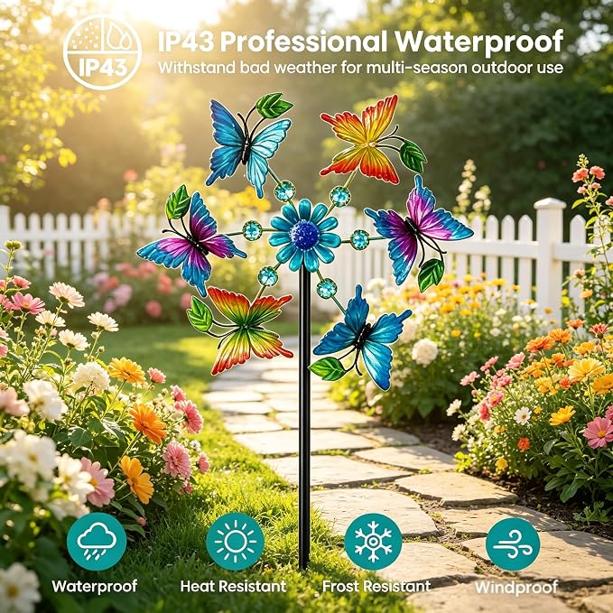 44" Butterfly Wind Spinners Garden Whirligigs, Flower Butterfly Wind Sculpture Yard Art Decorations for Lawn, Patio & Yard & Garden Decor, Metal Wind Spinners Outdoor Decor