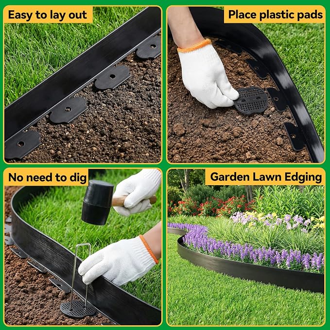 GOTGELIF Landscape Edging Border Kit No Dig, 3'' x 20FT, Black Garden Edging with 25 U-Shaped Nails for Lawn, Flower Beds, and Yard Borders