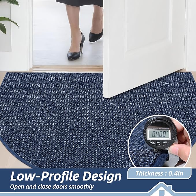 BEQHAUSE Dirt Trapper Door Mat 17" x 30" Half Circle Non Slip Washable Doormats Entrance Rugs Absorbent Welcome Low Profile Floor Mats for Front Back Door and Entryway, Blue