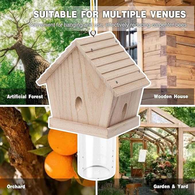 GRTRE 4 Pack Wood Carpenter Bee Trap for Outside - Nature Chalet Style Carpenter Bee Traps Outdoor Hanging