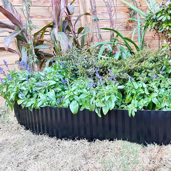 A ANLEOLIFE 60FT Galvanized Steel Landscape Edging Roll, 10" Tall Sturdy Flexible Corrugated Metal Lawn Border for Garden, Pathway & Flower Beds, Black