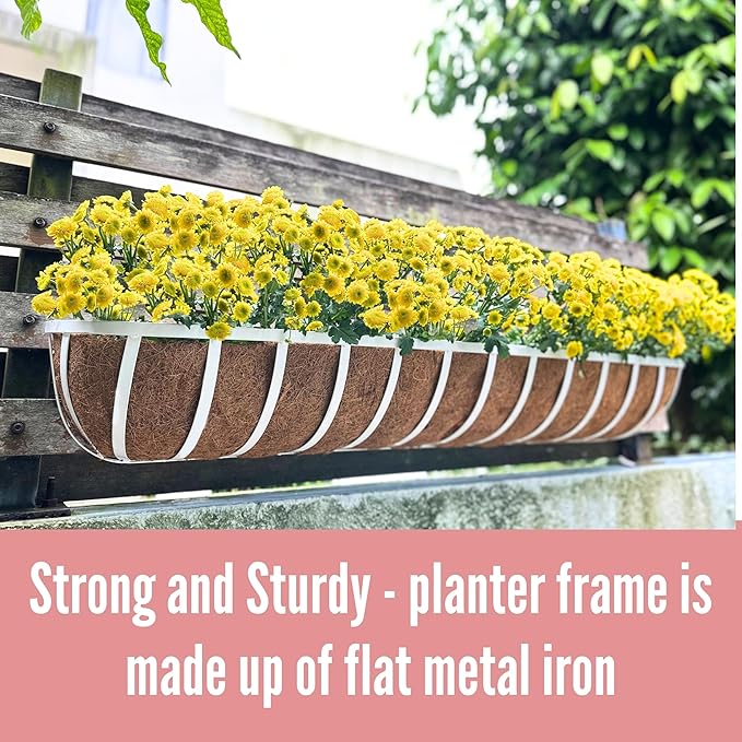 LaLaGreen Window Planter Boxes (48 Inch, 2 Pack) Deck Railing Flower Box with Coco Liner, White Metal Rectangular Wall Planters for Outdoor Plants Fence Balcony Horse Trough Garden Herb Patio Porch