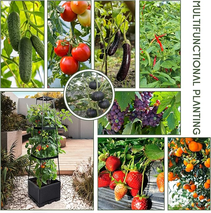 GENMOUS 3 Tiered Tomato Planter with Trellis for Small Climbing Vegetables Growing Plants, 45” Raised Garden Bed Planter Box Tomato Cage Tomato Planters for Patio Indoor Outdoor Vegetables （1 Pack）