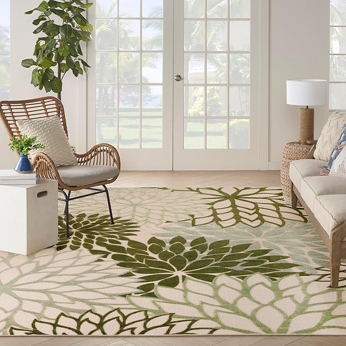 Nourison Home Aloha Indoor-Outdoor Ivory Green 10' x 14' Area Rug, Easy Cleaning, Non Shedding, Bed Room, Living Room, Dining Room, Backyard, Patio, Deck (10x14)