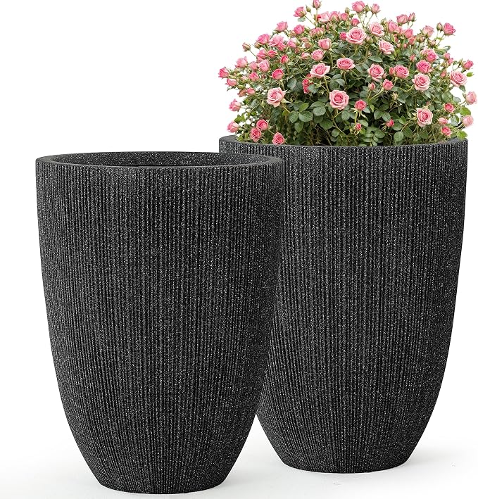 2 Pack 19" Tall Black Fluted Concrete-Look Resin Planters, Large Round UV-Resistant Flower Pots for Indoor Outdoor Plants, Decorative Ribbed Planters for Garden Patio Porch Home Office
