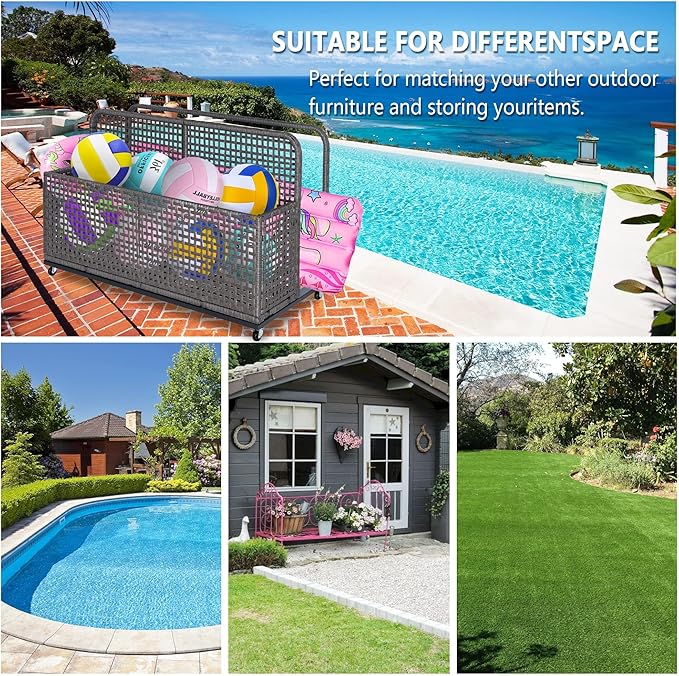 Garvee Poolside Float Storage Organizer, Outdoor Wicker Pool Storage Bin for Floats & Toys, Rolling Poolside Storage Rack for Pool Toy Noodles Equipment Accessroies