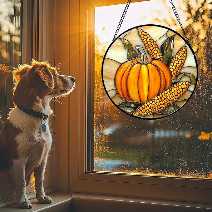 DASTOLL Stained Glass Window Hanging Autumn Harvest Pumpkin Corn 7.8" - Suncatcher Door Garden Kitchen Sunroom Sun Catcher Fall Home Decor Birthday for Mom Grandma Men Woman