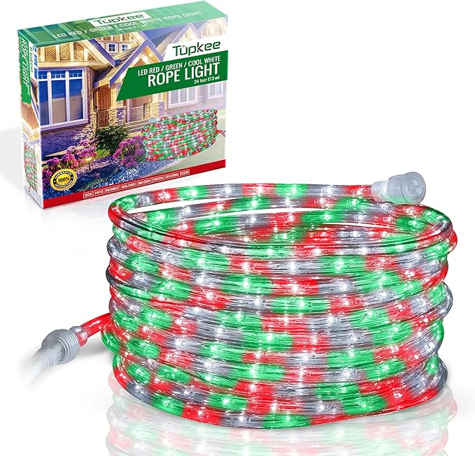 Tupkee LED Rope Light Red, Green, and Clear - 24 Feet (7.3 m), for Indoor and Outdoor use - 10MM Diameter - 144 LED Long Life Bulbs Halloween Decorative Rope Tube Lights