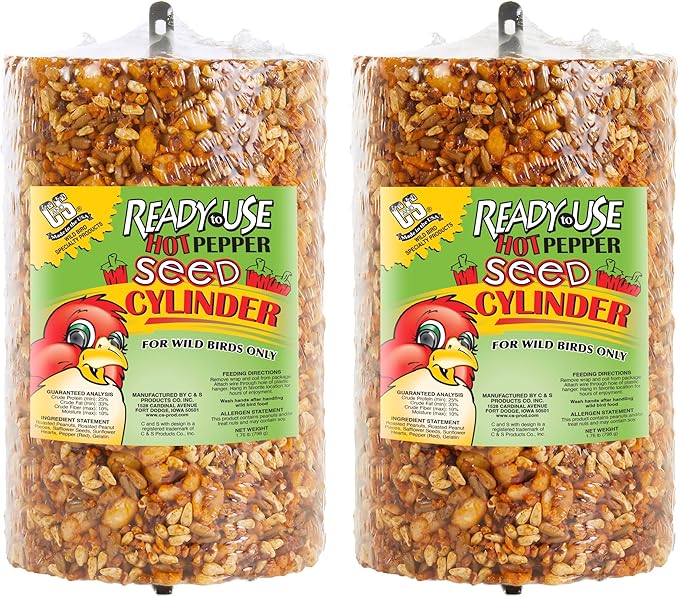 C&S Ready to Use Hot Pepper Bird Seed Cylinder, Spicy Wild Bird Outdoor Feeder with Hanger, 1.76 Pound Cylinder, 2 Pack