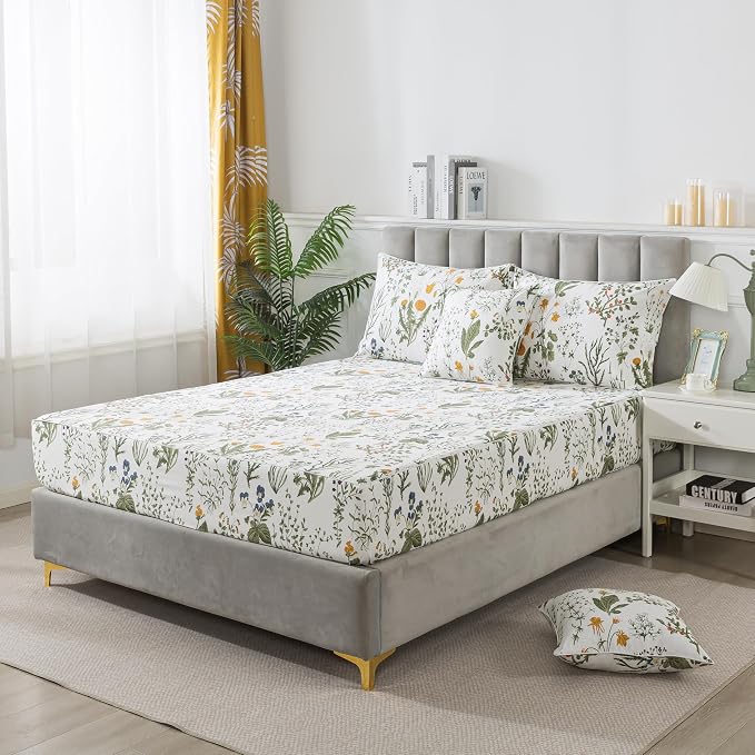 FADFAY 100% Egyptian Cotton Sheets Cal King Botanical Printed Floral Sheets Yellow Flowers & Leaves Pattern Farmhouse Bedding Soft and Breathable French Country Bedding 4Pcs Deep Pocket Sheet Set